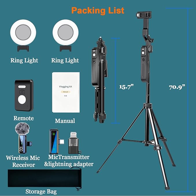 70.9” Auto Face Tracking Tripod for iPhone Anriod Phone,Vlogging Kit for iPhone,Content Creator Essentials,with Light / 360 Rotatable Tripod/Wireless Microphone/Remote