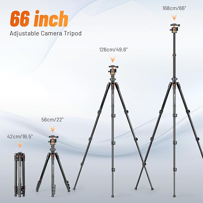 JOILCAN 66" Camera Tripod, Travel Tripod for Camera with 360° Ball Head & Phone Holder, Lightweight Compact Tripod for DSLR/Smartphone Photography, Max Load 22lbs