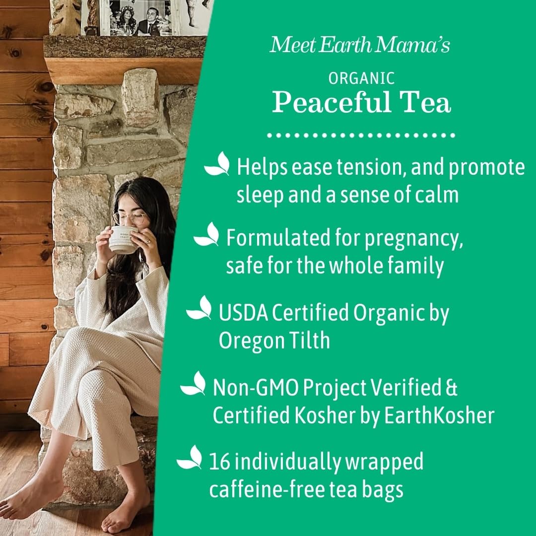 Earth Mama Organic Peaceful™ Tea | Stress Less! Calming, Relaxing Herbal Blend Safe for Pregnancy & Beyond, 16 Teabags Per Box
