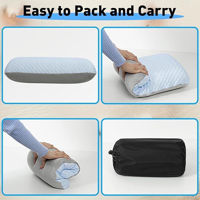 Travel and Camping Pillow- Compressible Medium Firm Memory Foam Pillow with Carry Bag for Backpacking & Airplane, Lumbar Support. Breathable Cooling Fabric, Washable Pillowcase (Wathet Blue)