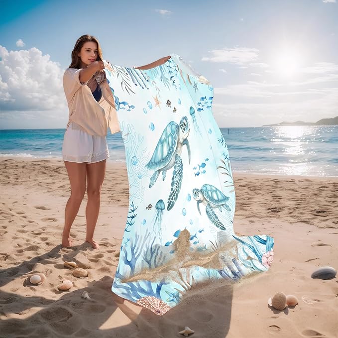 Beach Blanket Waterproof Sandproof, Sea Turtle Oversized Extra Large Picnic Mat 83"×95"/8 × 7 FT for 1-7 Adults for Travel Camping Hiking, Quick Drying Lightweight Beach Vacation Essentials