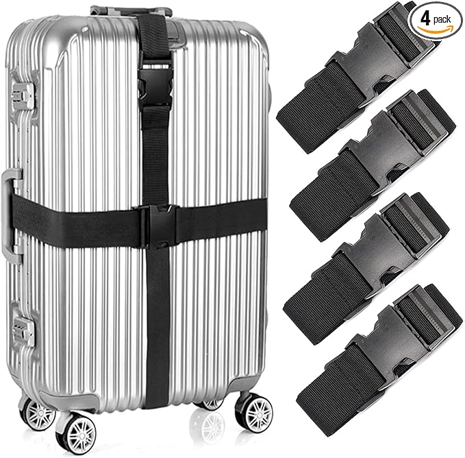4Pcs Luggage Straps for Suitcase Travel Accessories TSA Approved, 80In Long Belts to Keep Your Suitcase Secure, Adjustable Bag Straps with Quick-Release Buckle for Travel Bag Closure, Black