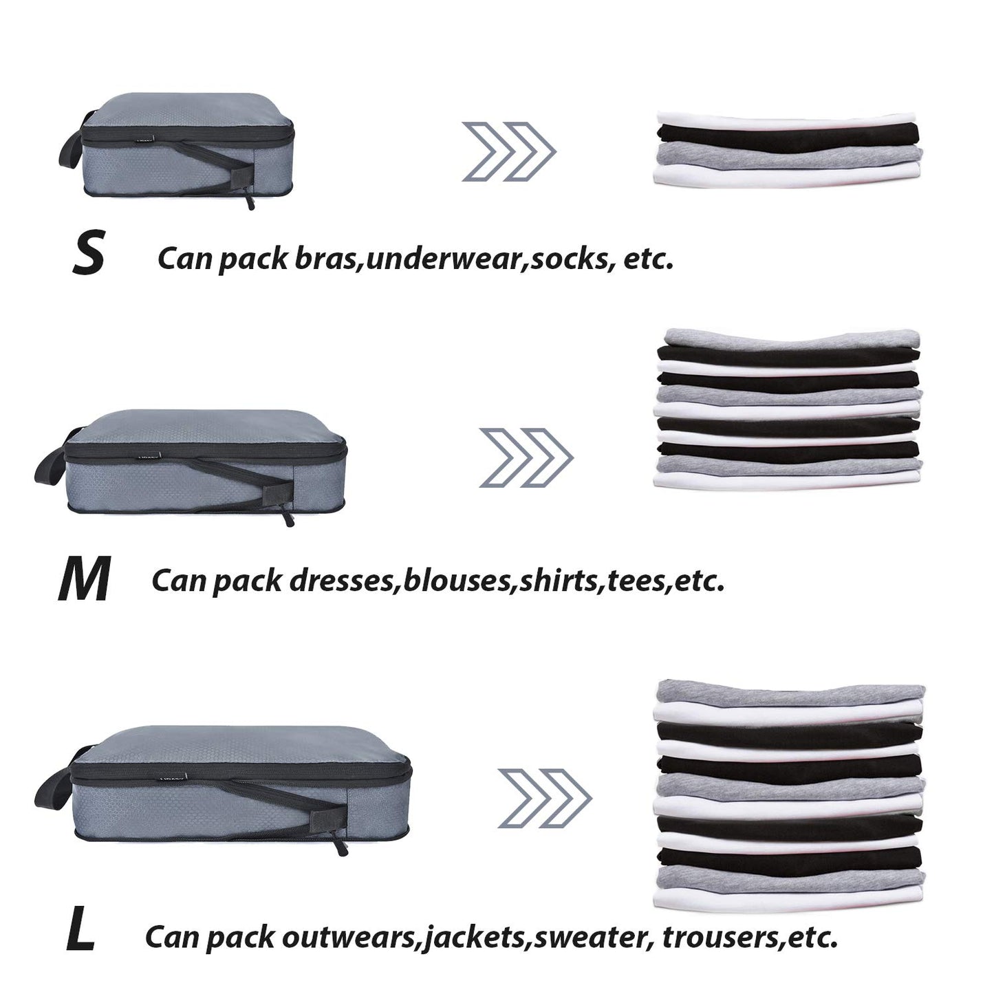 YZAOLL 3 Set/6 Set/7 Set Compression Packing Cubes Travel Accessories Expandable Packing Organizers,Travel Essentials for Carry on 3 Set Gray