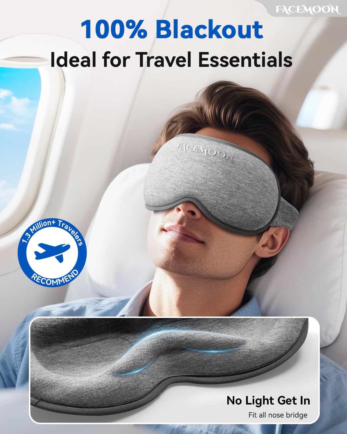 Weighted Eye Mask for Sleeping - Blackout Sleep Mask for Women Men, FACEMOON Lash Extension Eye Covers, Memory Foam, 3D Contoured, Airplane Travel Essentials, Blindfold for Meditation(Gray)