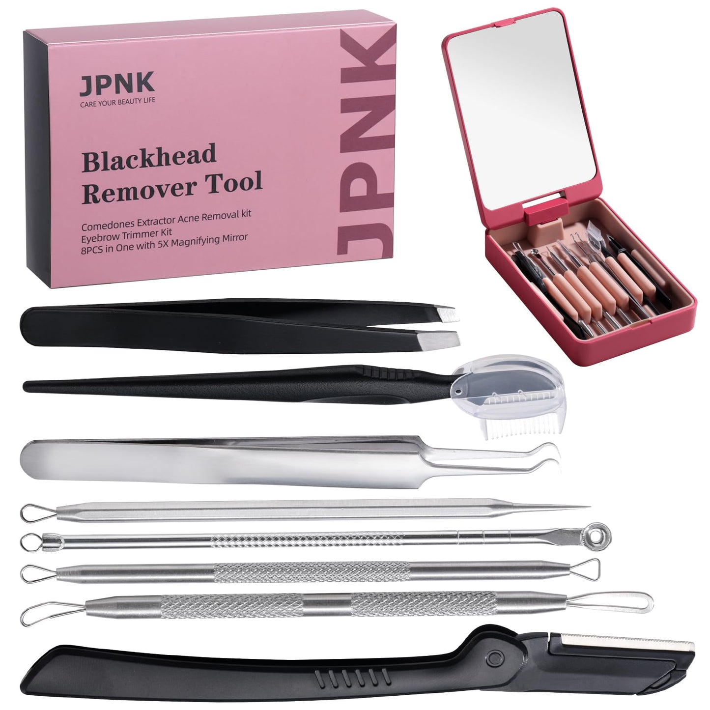 JPNK Blackhead Remover Tool Comedones Extractor Acne Removal kit & Eyebrow Trimmer Kit, 8PCS in One with 5X Magnifying Mirror