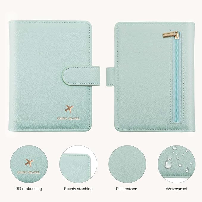 Cnycmy Passport Holder with RFID Blocking, Cash Pocket & Back Zipper Coin Pocket - Travel Document Holder, Magnetic Button, Multiple Card Slots - Soft PU Leather for Men and Women(AQUA GREEN)