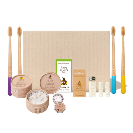 SuperBee Family kit with Dentos Toothpaste Tablets 300 tabs, Natural Floss, Soft Bristles Bamboo toothbrushes - Fluoride Free & Eco Friendly, Housewarming Gift Christmas Plastic Free