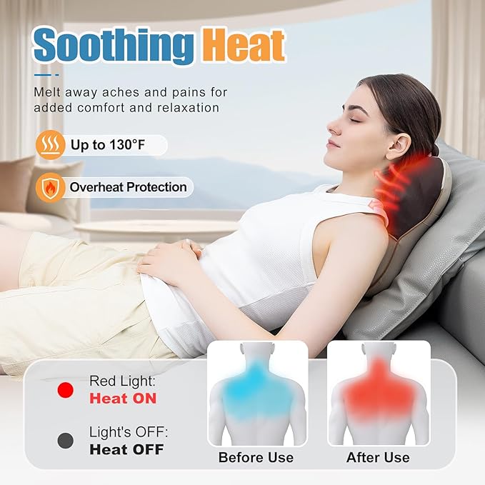 Shiatsu Neck and Back Massager with Heat, Deep Tissue Pain Relief for Neck, Shoulder and Back, Massage Pillow with Cover, Adjustable Straps & Portable Handle(No Battery)