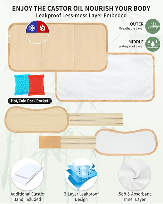 2 Pcs Castor Oil Pack Wrap for Liver,Stomach,Neck,Knee,Foot & Entire Body,Reusable Compress Pack for Women Men Wrap Kit for Hot/Cold Compress with Adjustable Strap,Castor Oil Not Included