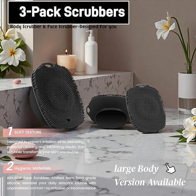 2 PCS Face Scrubber, Soft Silicone Face Exfoliator with Suction Cup for Man and Women Deep Skin Clean (Body Scrubber + Face Scrubber Black)