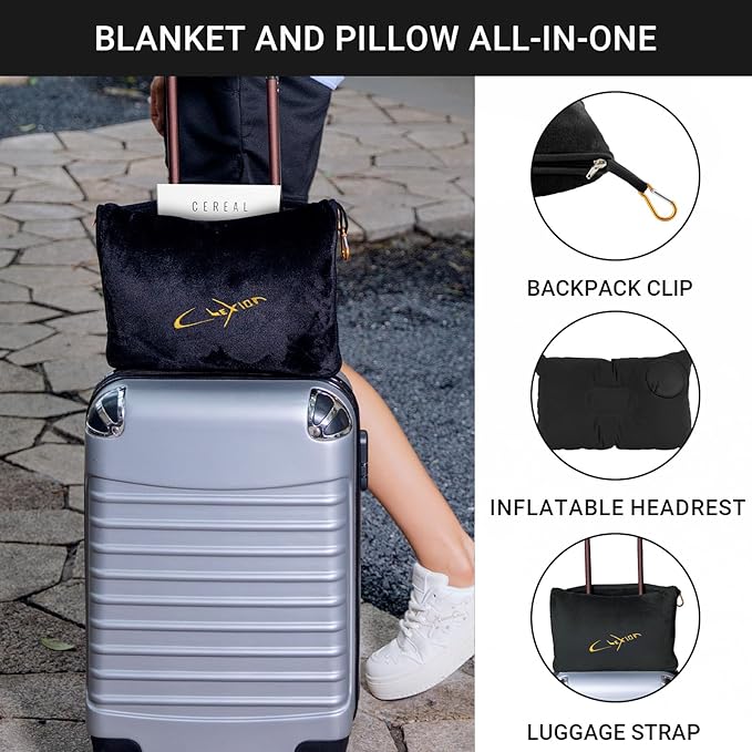 Travel Blanket & Pillow Set, 300 GSM Soft Fleece, 60x43 Inches, 3-in-1 Airplane Blanket, Travel Pillow and Blanket Set, Travel Blanket Airplane Compact with Bag, Travel Essentials, Black