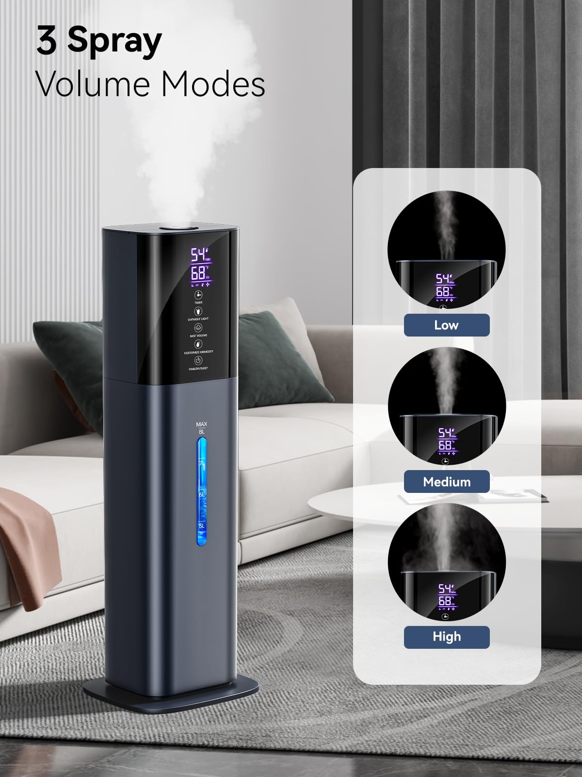 Humidifiers for Bedroom, 2.11Gal 8L Quiet Humidifiers for Large Room with Timer, 360°Nozzle, 3 Speed Ultrasonic Cool Mist Humidifier with Humidistat for Baby, Customize humidity for Home Adults Plants