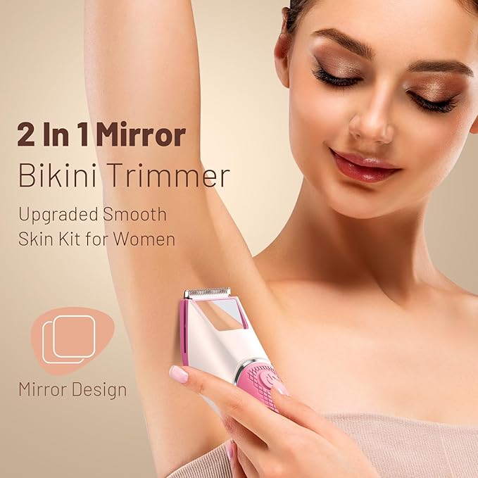 Bikini Trimmer for Women: Pubic Hair Razor with Mirror & LED Light, Electric Shaver with Ceramic Blades & Travel Lock - Body Groomer IPX7 Waterproof Use for Legs/Arm/Underarm - Red
