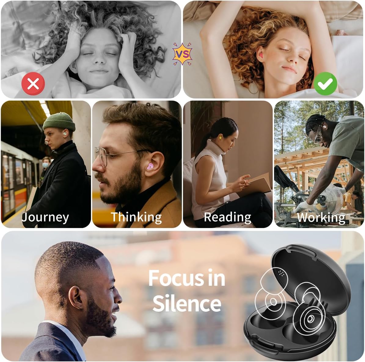 Avoxins Ear Plugs for Sleeping Reusable Earplugs for Concerts Noise Cancelling Soft Silicone Noise Reduction Earbuds for Travel, Focus, Work 33-45dB Hearing Protection with 9 Ear Tips & Case (Black)