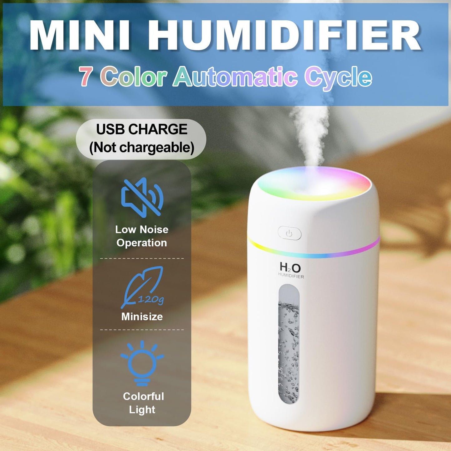 ZPP Portable Mini Humidifier with 7-color Lights for Car, Home, Office, Travel with Night Light, Auto Shut-Off