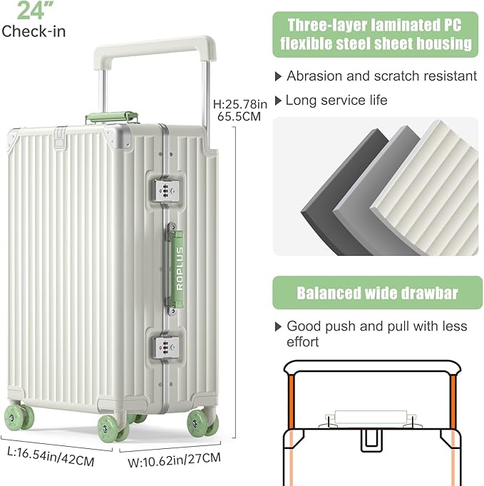 Aluminium Frame Checked-Luggage with Smooth Jelly Wheels, Hardside Zipperless Rolling Suitcase with TSA Lock (White, 24-Inch)