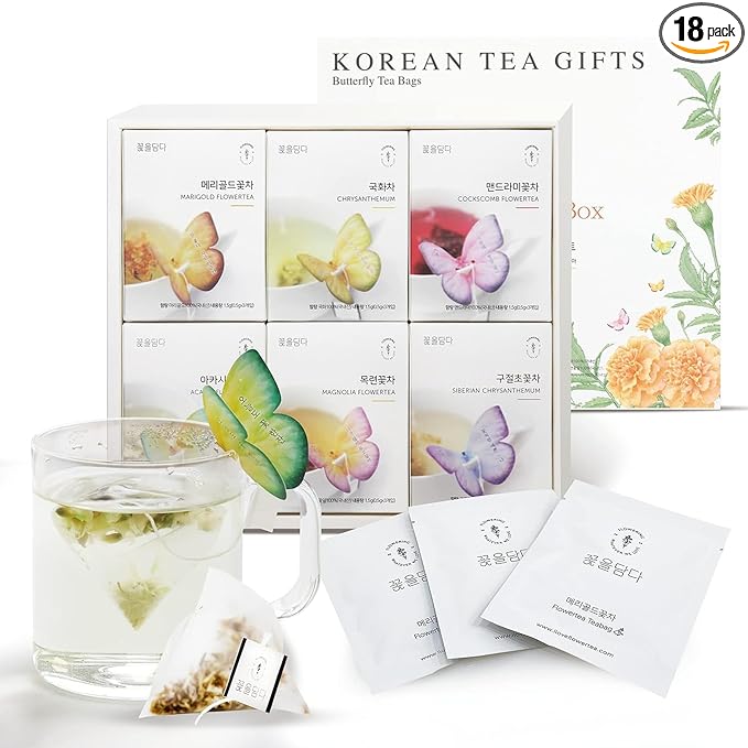 KKOKDAM Korean Tea Gift Set – 6 Flavor Butterfly Tea Bag Sampler – Elegant Box for Tea Lovers - Perfect as Unique Gifts or Gift Set for Women