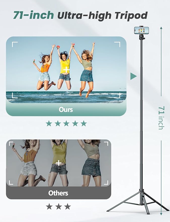 71''/180cm Phone Tripod & Selfie Stick, Portable Travel Stand for Video Recording, Travel Tripod for iPhone/Cell Phone with Detachable Remote, Compatible with Smartphones, DSLR