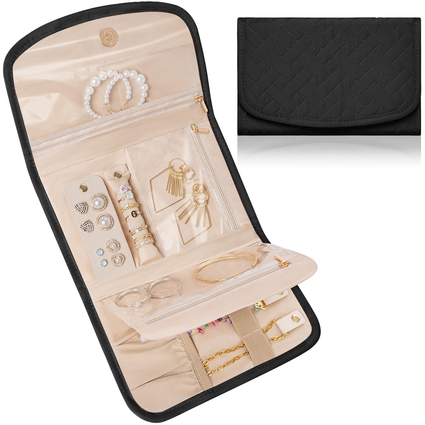 LASUK Travel Jewelry Holder Organizer Case, Foldable Jewelry Roll Storage Bag for Necklaces Rings Earrings Bracelets, Large, Black