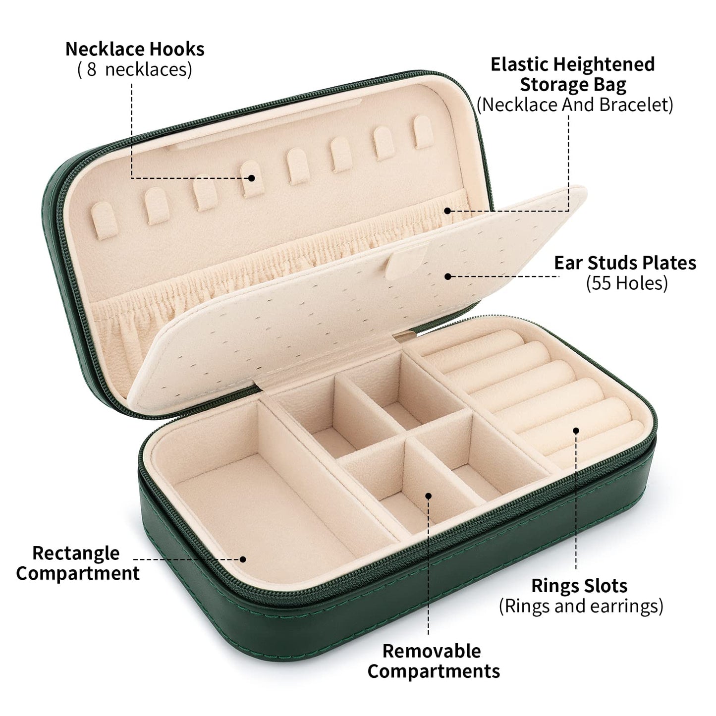 DesignSter Travel Jewelry Box, PU Leather Portable Jewelry Case, Small Jewelry Boxes for Gifts, Travel Jewelry Organizer for Women Rings Earrings Necklaces Bracelets (Dark Green)
