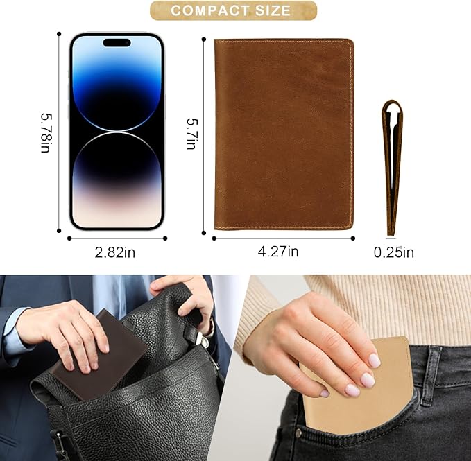 Real Leather Passport Holder for Men and Women, Handmade Wallet Cover Case, Travel Must-Haves Essentials Accessories, Birthday Gifts (Crazy Horse, Brown)