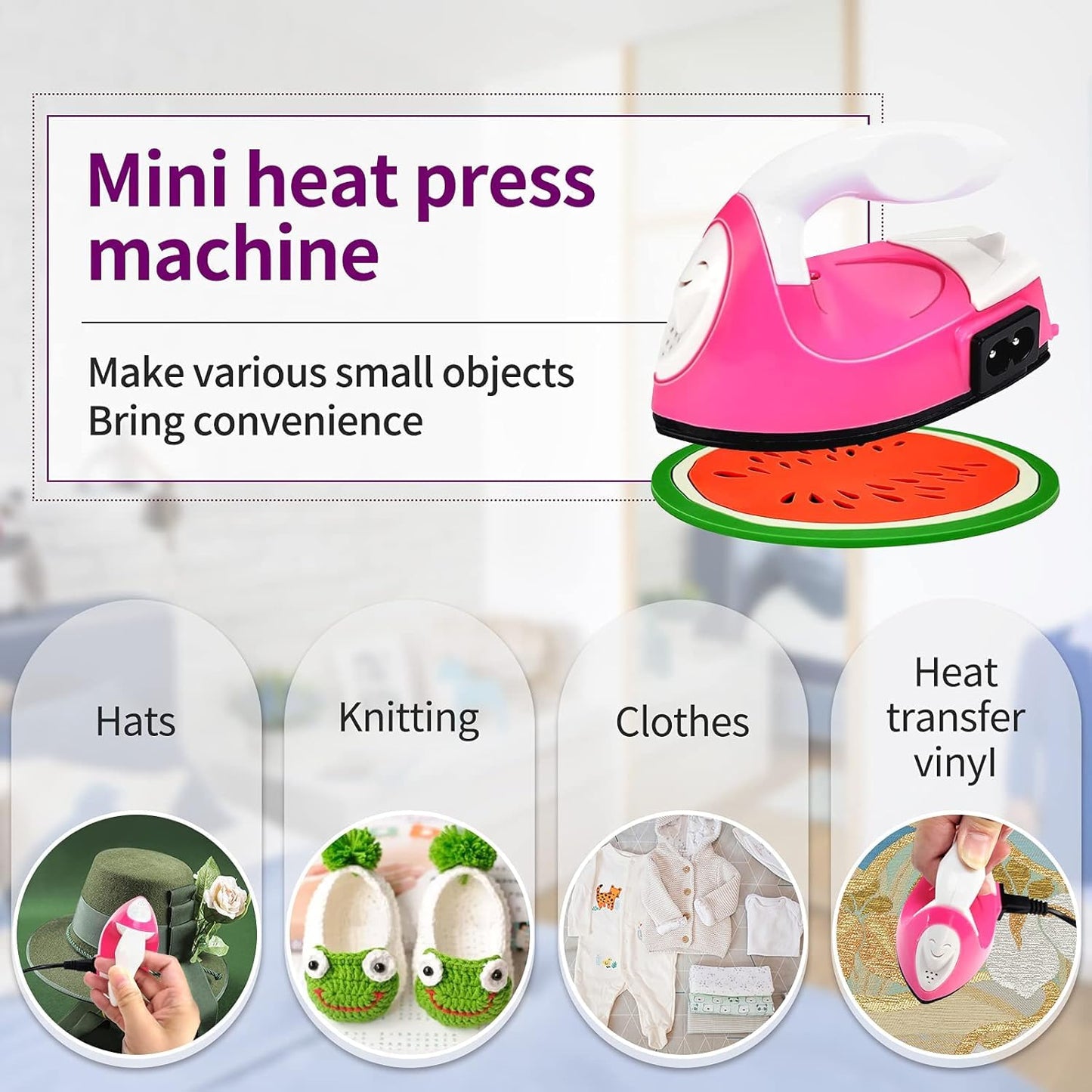 Mini Heat Press Iron Machine - Portable Electric Iron for Clothes, Shoes, Bags, Hats - Heating Transfer Press With Silicone Pad (Rose Red)