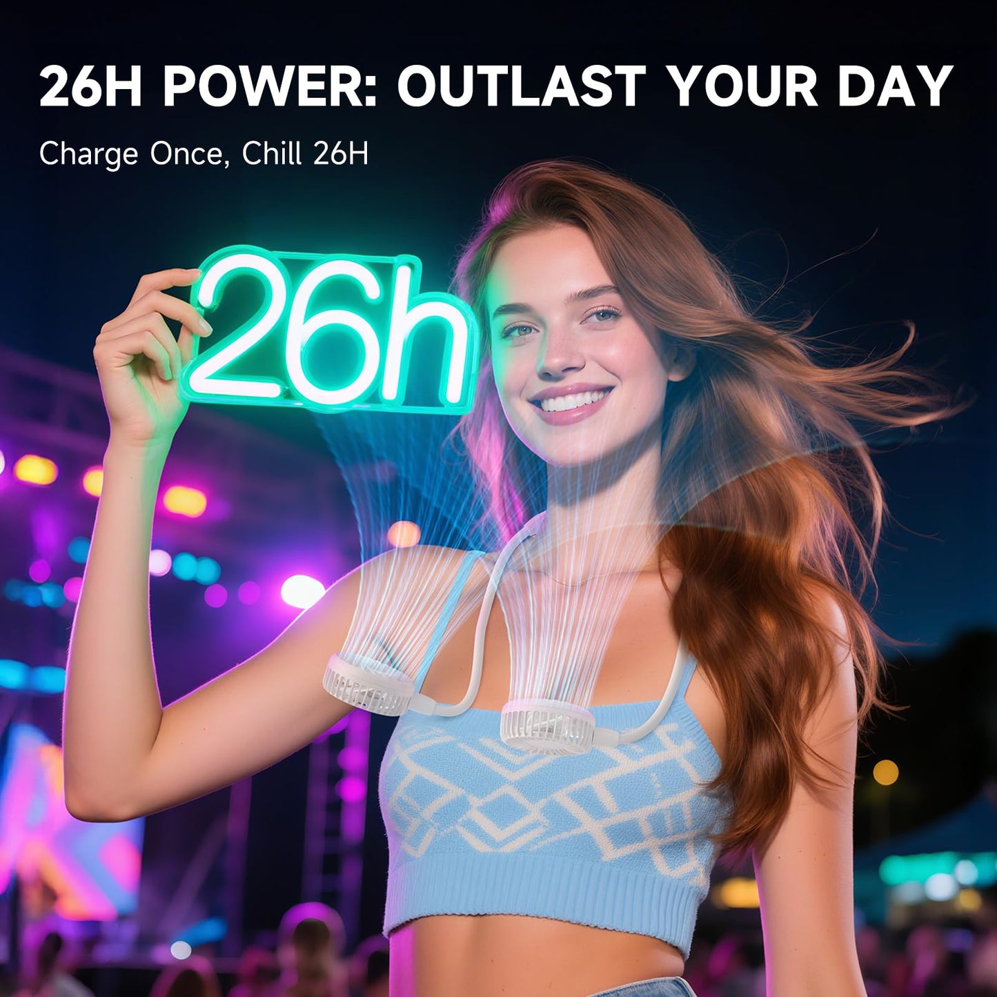 HandFan 5000mAh Neck Fan, 26H Longest Runtime - 6 Speeds Visible Blades Portable Fan, 360° Flex Neck for Gym Office Travel, Safety Grille & Hair Protection (White)