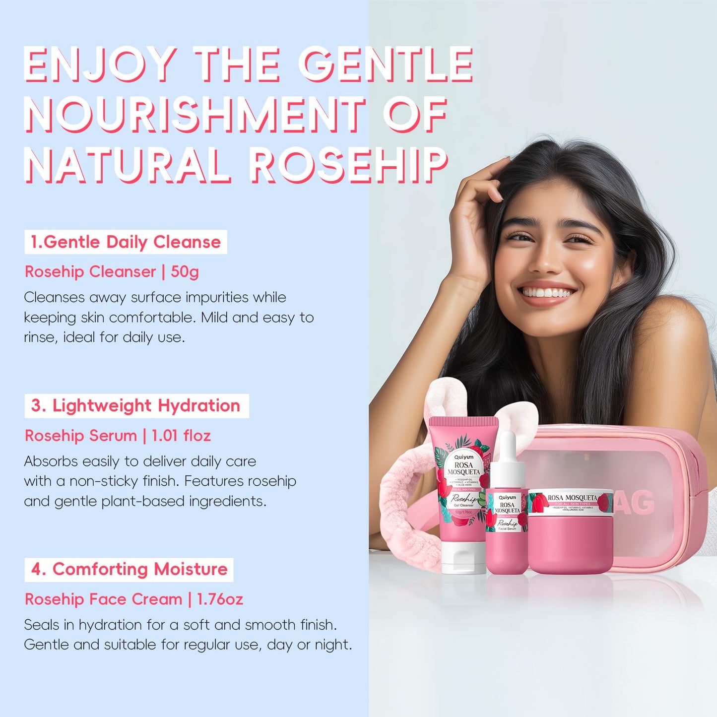 Quiyum Rosehip Skin Care Set, Beauty Skincare Gift Sets, Natural Facial Skin Care Products, Korean Style Skincare for Women, Nourishing, Hydration, Glow Up, 3PCS