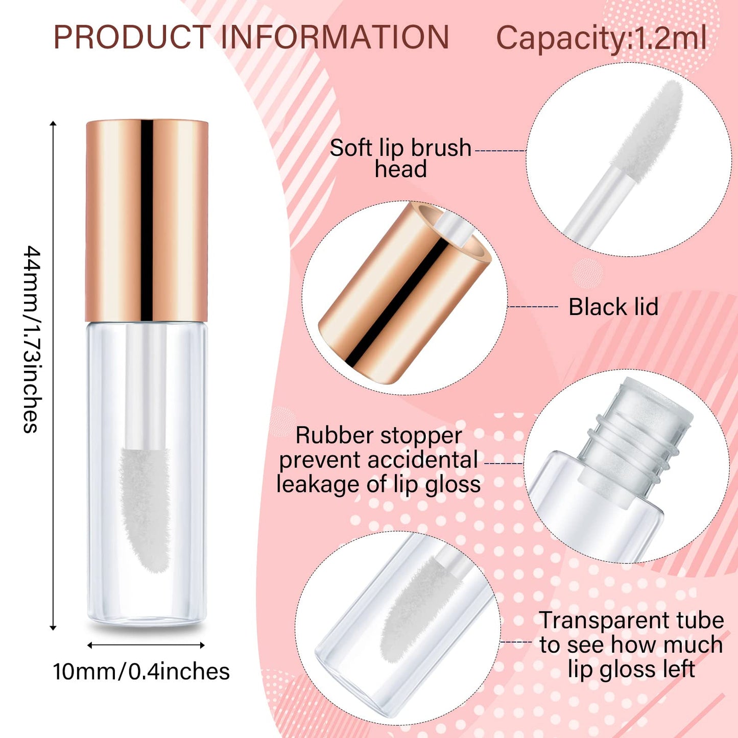 Patelai 100 Pieces 1.2 ml Clear Mini Lip Gloss Tube Refillable Empty Lip Balm Gloss Containers for Women Girls DIY Makeup, Rose Gold