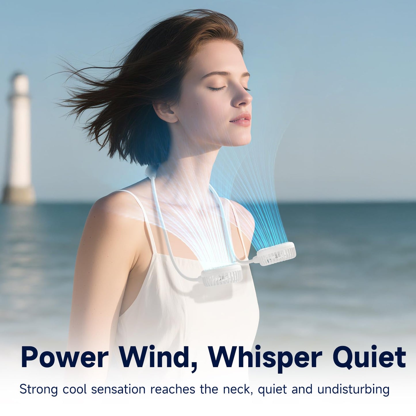 HandFan 5000mAh Neck Fan, 26H Longest Runtime - 6 Speeds Visible Blades Portable Fan, 360° Flex Neck for Gym Office Travel, Safety Grille & Hair Protection (White)