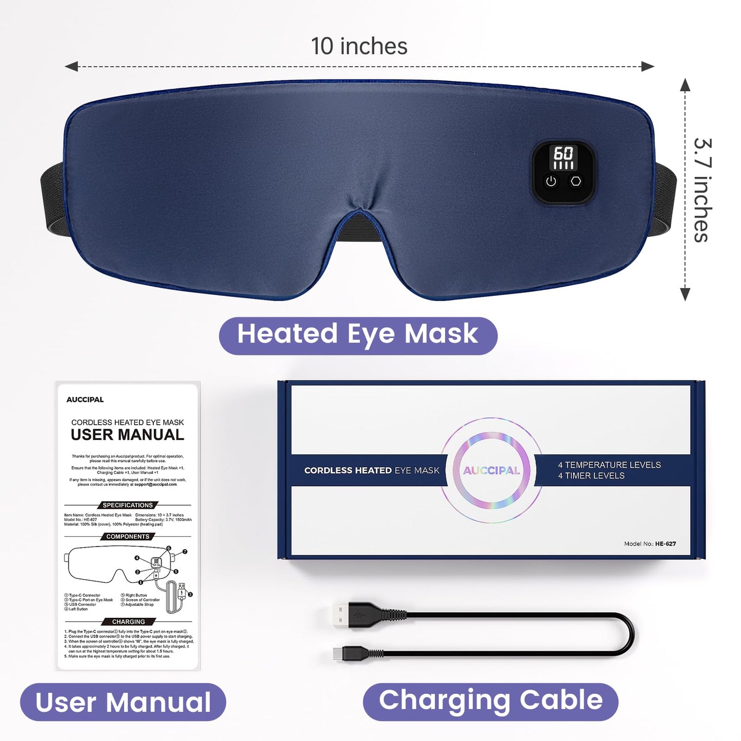 Silk Heated Eye Mask Cordless, 1500mAh Warm Eye Compresses for Dry Eyes, Rechargeable Eye Mask with 4 Temperature Settings & 4 Timer Settings, Gift for Men Women