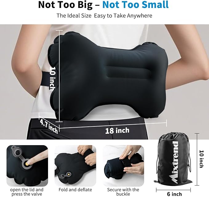Mixtrend Travel Lumbar Pillow – Inflatable Memory Foam Back Support Pillow for Airplane, Car, Office, Long Flight, Ergonomic Travel Cushion for Lower Back Pain Relief – for Men, Women, Kids, Black