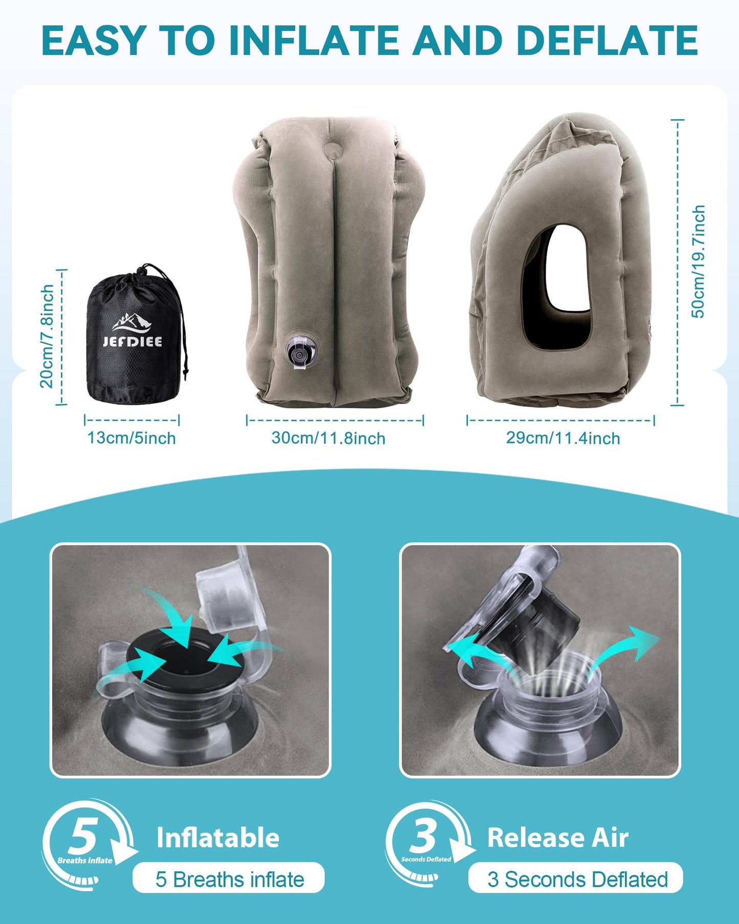 JefDiee Inflatable Travel Pillow, Airplane Neck Pillow Comfortably Supports Head and Chin for Airplanes, Trains, Cars Office Napping on The Tray Table (Grey)