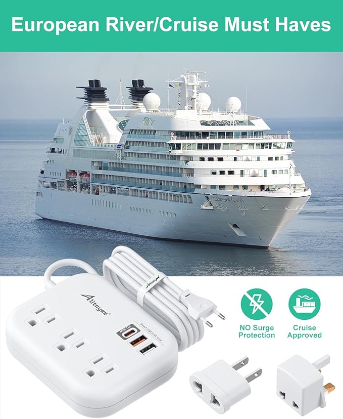 Alitayee PD30W USB C Travel Power Strip, European Travel Plug Adapter with 3 Outlets 3 USB Ports, International Universal Plug Adapter with 4ft Extension Cord to EU US UK Italy Spain France Germany