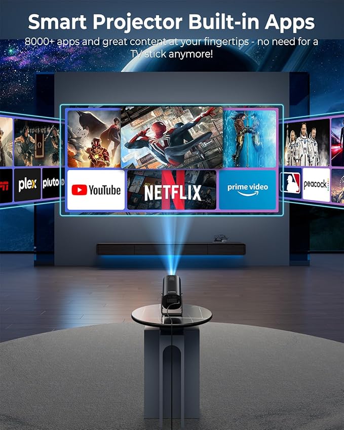 CLOKOWE Mini Projector, 4K 1080P Support projector with wifi and bluetooth,270°Adjustable Stand Outdoor Home Theater galaxy Projector with Android TV OS & 8000+APPS for Phone/TV Stick/Laptop/HDMI