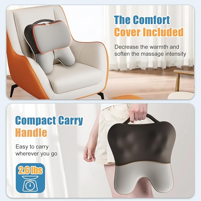 Shiatsu Neck and Back Massager with Heat, Deep Tissue Pain Relief for Neck, Shoulder and Back, Massage Pillow with Cover, Adjustable Straps & Portable Handle(No Battery)