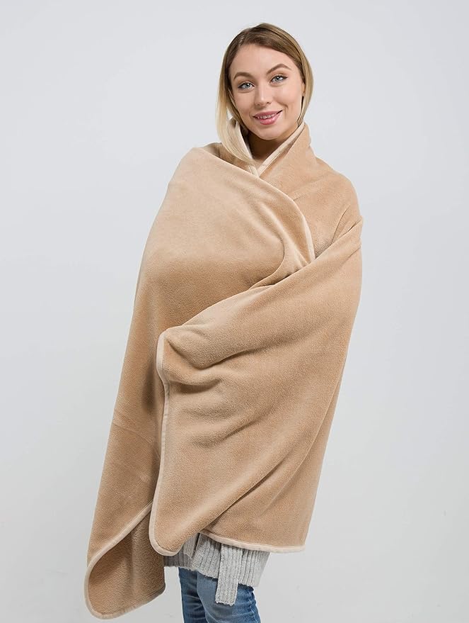 BlueHills Travel Blanket Pillow Rolled Premium Soft Plush Airplane Throw Traveler Essentials Gift Compact in a Bag 70X48 inches Long Car Plane Flight Portable Beige R06