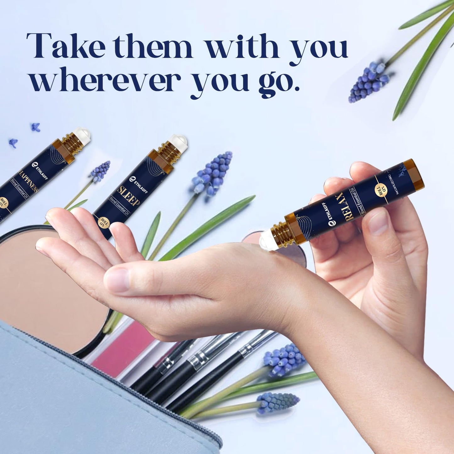 Ethlauff Essential Oil Roller Set, (Sleep, Relax, Happiness) Aromatherapy Roll On for Body Skin Care, Home - Natural Aromatherapy Gift, Relaxtion Gift, Stress Relief Gift for Women and Men