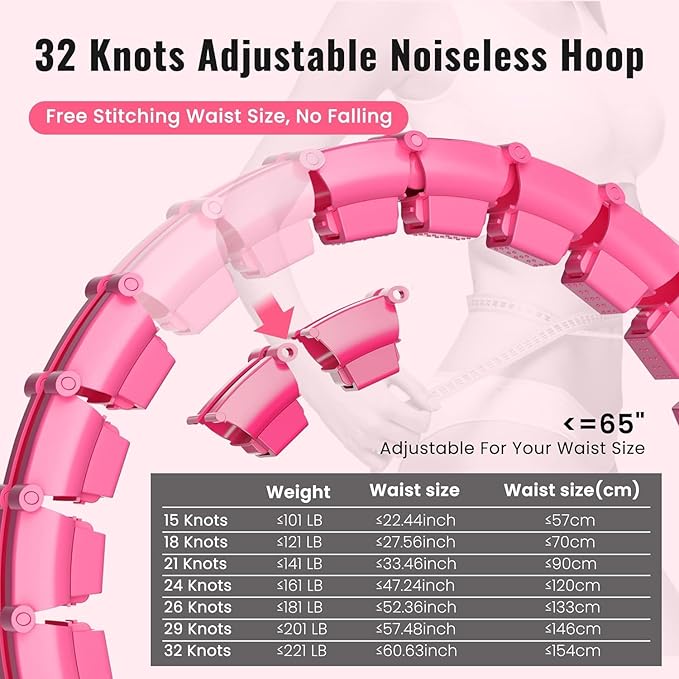 65inch 32 Knots Plus Size Quiet Weighted Hula Infinity Fitness Detachable Hoops Smart Silent Infinity Hula for Women 2 in 1 Waist and Abdominal Workout Hoop