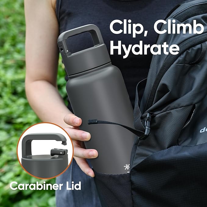 32 oz Insulated Water Bottle, 2-in-1 Lid, Straw & Spout with Protected, Leak Proof, Keep Cold, Stainless Steel, Metal, Reusable, Handle, for Outdoor, Gym and School, 2 Lids, Char Gray