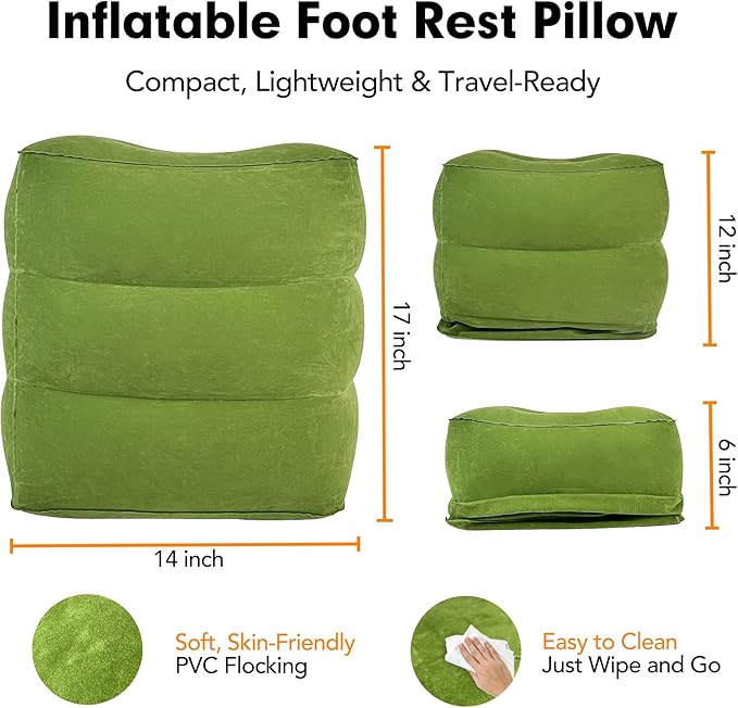 Inflatable Foot Rest Pillow for Travel, Adjustable 3 Layers Height Cushion Kids/Adults Airplane Travel Pillow, Suitable for Office, Home, Trains, Cars - Green