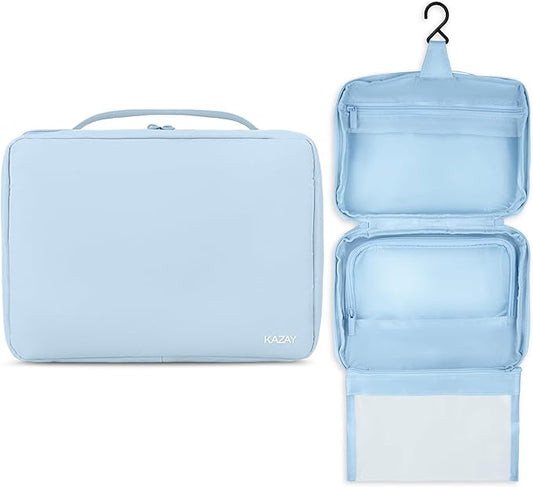 KAZAY Hanging Toiletry Bag with TSA Approved Detachable Pouch, Travel Toiletry Bag, Water Resistant, Premium Nylon, Travel Size Toiletries, Cosmetic Bag, Unisex (Light Blue)