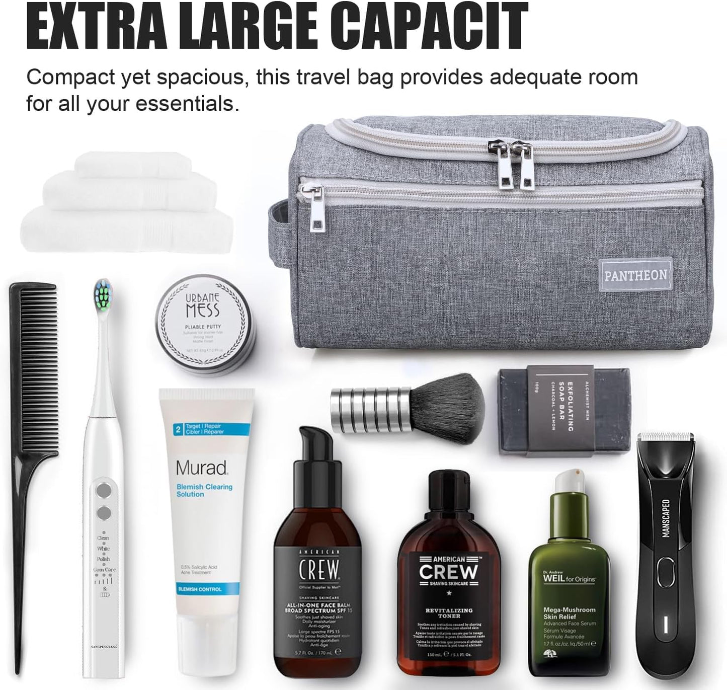 emissary Hanging Travel Toiletry Bag for Men and Women, Shower bag for Toiletries, Dopp Kit for Men, Travel Bathroom Bag, Mens Hanging Toiletry Organizer (Gray)