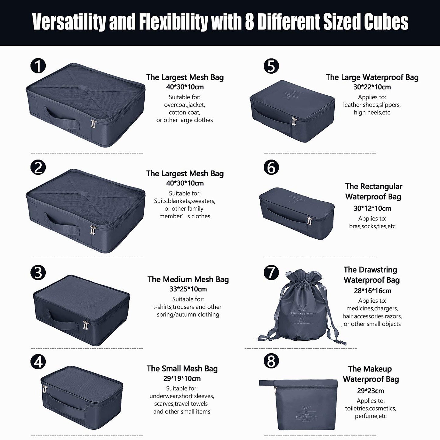 Packing Cubes 8 Sets Travel Luggage Organizers Include Waterproof Shoe Storage Bag Convenient Packing Pouches for Traveller (Navy blue)