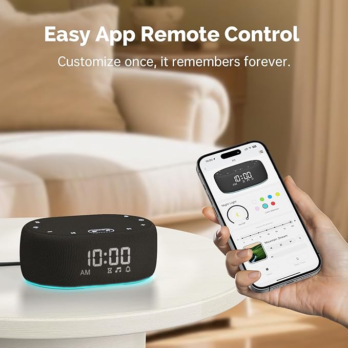 1Mii White Noise Sound Machine for Sleep, Pink Noise Machine for Baby Adults Sleeping, 18 Soothing Sounds with 7-Color Night Light, Timer, Alarm Clock, Volume Control, Remote App Control - Black