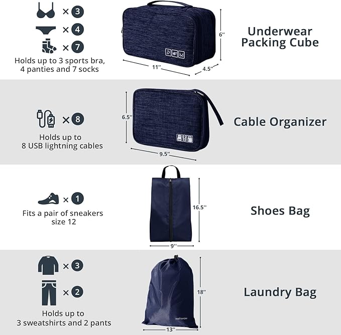 7 Set Compression Packing Cubes for Travel - Compressible, Lightweight, and Space-Saving Packing Cubes, Travel Essentials for Women, Navy