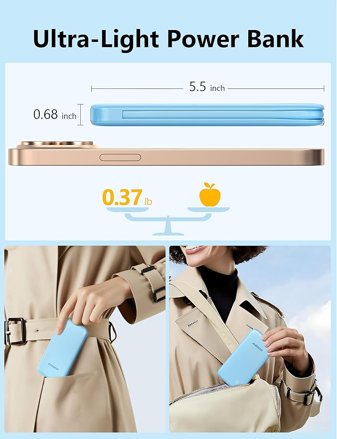 Alongza Portable Charger Built-in Cables and AC Wall Plug, Slim Fast Charging Power Bank 10000mAh, Lightweight USB C External Battery Pack Compact Travel Cell Phone Charger