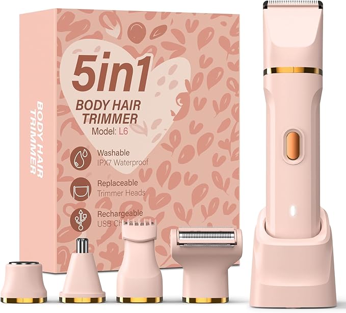 5-in-1 Bikini Trimmer for Women, IPX7 Waterproof Electric Razors Shaver, Cordless Body Hair Trimmer, Facial & Pubic Hair Removal, Ceramic Blade (Blush)