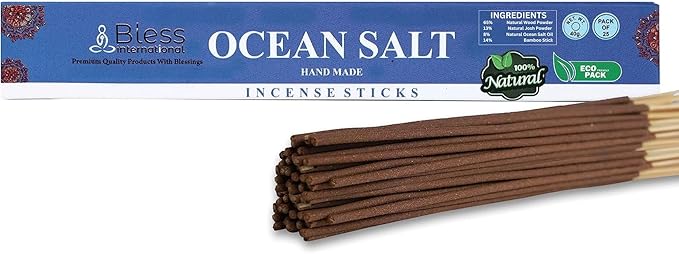 Bless-Ocean-Salt 100%-Natural-Handmade-Hand-Dipped-Incense-Sticks Organic-Chemicals-Charcoal-Free Purification-Relaxation-Positivity-Yoga-Meditation Best-Woods-Scent (25 Sticks (1.4 OZ))