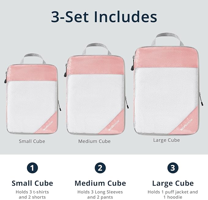 Compression Packing Cubes 3 Set, Compressible Space-Saving Packing Cubes for Travel - Compression Bags, Luggage Organizer, Travel Essentials for Women, Pink